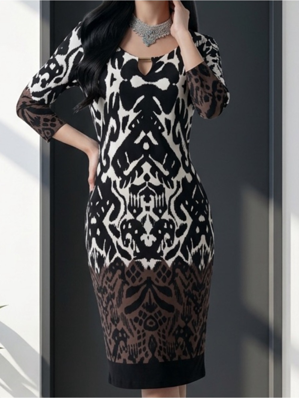 Covington Black, White and Brown Patterned Long Sleeve Dress